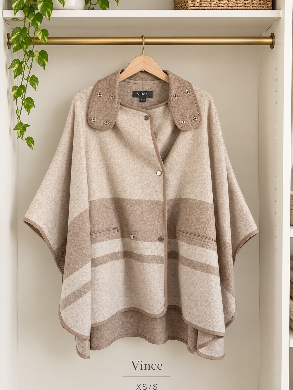 Vince Tan Blanket Stripe Wool Nkem Poncho Cape XS/A like new !